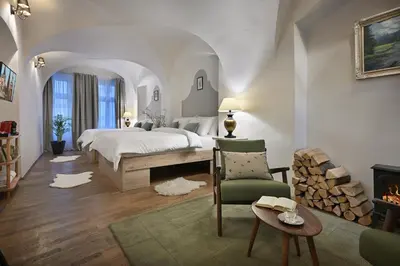 a large bedroom with a bed and a fireplace at U Šuterů Boutique Hotel in Prague