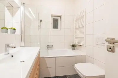 a white bathroom with a sink and a toilet at Apartment Vinohradská 14 in Prague