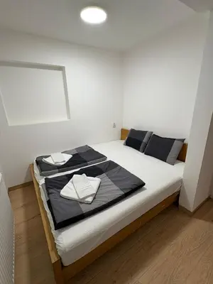 a bedroom with a bed with black and white sheets at Novohome in Prague