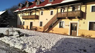 a house with snow on the ground in front of it at Podřipská Farma in Roudnice nad Labem