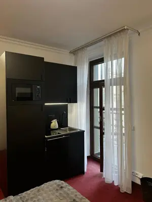 a kitchen with a black refrigerator and a window at Balbinova Grand Apartment Private Balcony in Prague