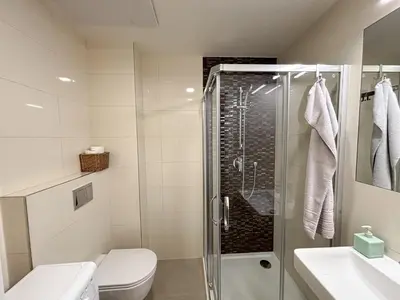 a bathroom with a shower and a toilet and a sink at Museum Park Apartment II in Prague
