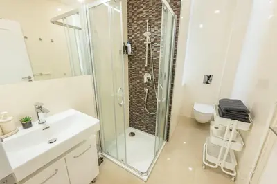a bathroom with a shower and a sink and a toilet at HOMELY I 32m2 Central loft I ELEVATOR I SELF CHECK-IN in Prague