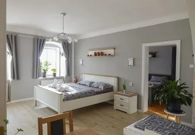a bedroom with a white bed and a window at Apartmán U Černého Beránka in Prague