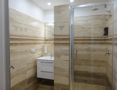 a bathroom with a shower and a sink at Apartmán U Černého Beránka in Prague