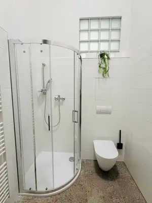 a glass shower in a bathroom with a toilet at Zitna Downtown Residence in Prague