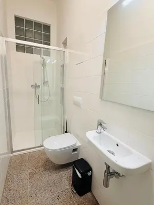 a bathroom with a shower and a toilet and a sink at Zitna Downtown Residence in Prague
