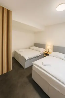 two beds sitting in a room with at Ideal for Big Groups, Modern 14 Guest Apartment Near Prague in Rakovník
