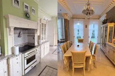 a kitchen with a table and a dining room at Luxury Villa