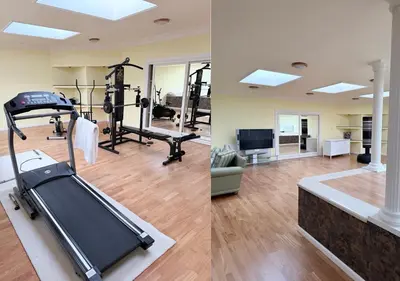 two pictures of a gym with a treadmill and a room at Luxury Villa