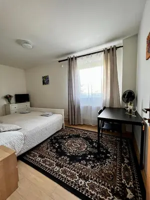a bedroom with a bed and a table and a window at Penzion Sofi in Prague