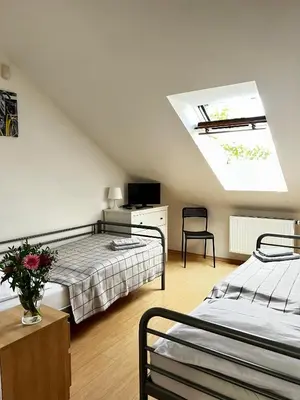 a attic bedroom with two beds and a skylight at Penzion Sofi in Prague