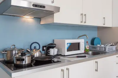 a kitchen with a stove and a microwave at Legerova 33 Apartments in Prague