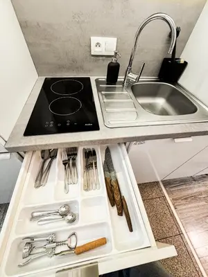a kitchen counter with a sink and a stove at D&D Apartment Moderní apartmán v centru Prahy in Prague