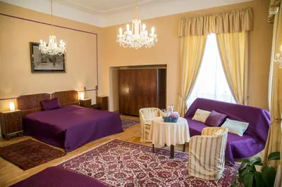 a living room with a purple couch and a table at Zámek Lobeč in Lobeč