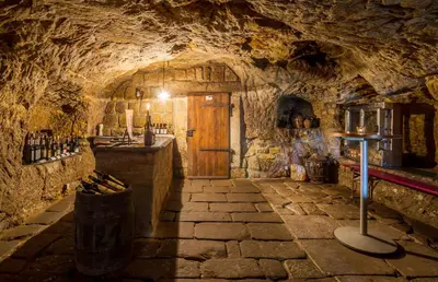 a cave room with a door in a stone wall at Zámek Lobeč in Lobeč