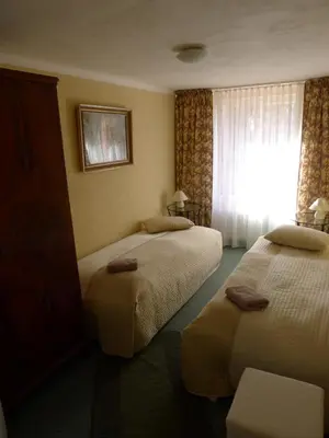 a hotel room with two beds and a window at Zámek Lobeč in Lobeč
