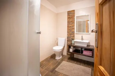 a bathroom with a white toilet and a sink at U báby Šubrový in Kokořín