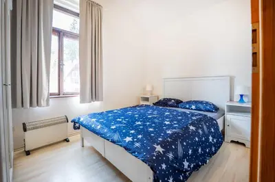 a bedroom with a bed with a blue comforter at U báby Šubrový in Kokořín