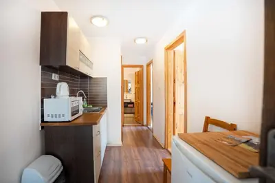 a kitchen with a counter with a microwave on it at U báby Šubrový in Kokořín