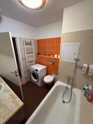a bathroom with a toilet and a bath tub at Cozy City Stay - Central Apartment in Prague