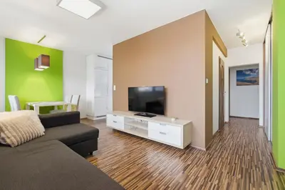a living room with a couch and a flat screen tv at Apartment in a quiet part of Prague with a kitchen in Prague