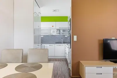 a kitchen with a table and chairs and a tv at Apartment in a quiet part of Prague with a kitchen in Prague