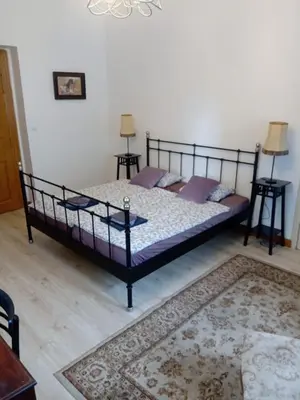 a bedroom with a bed and two tables and a rug at Historic Villa Apartments in Prague