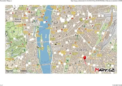 a map of a city with a red marker at Hostel Bell in Prague