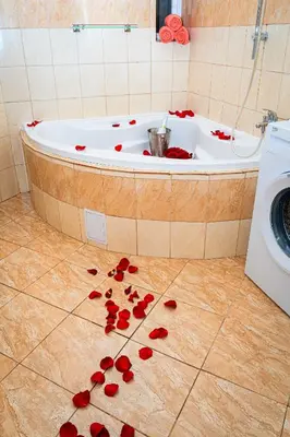 a bath tub with red rose petals on the floor at Victory Noble Estate in Prague