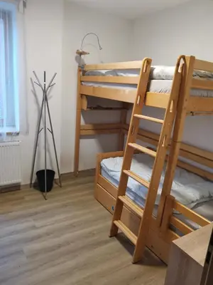 a room with two bunk beds and a ladder at Large Apartment with terrace and big garden in Prague