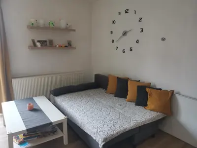 a living room with a couch and a clock on the wall at Large Apartment with terrace and big garden in Prague