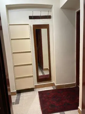 a dressing room with a mirror and a rug at Apartment Otakar in Nymburk