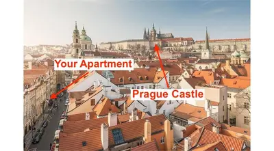 a view of a city with buildings and a map at Huge 4 Rooms Charles Bridge Apartment in Prague