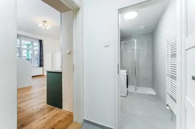 a bathroom with a walk in shower and a sink at Rentero Smíchov Riverside & Station Residence in Prague