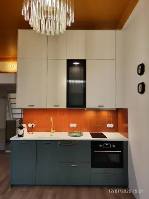 a kitchen with white cabinets and a stove top oven at Alphonse Mucha Loft Apartments, Prague 2 in Prague