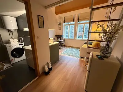 a kitchen and a living room with a refrigerator at Alphonse Mucha Loft Apartments, Prague 2 in Prague
