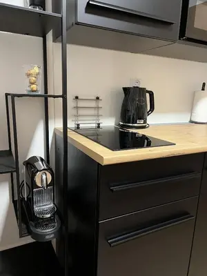 a small kitchen with a black stove top oven at Adel in Prague in Prague