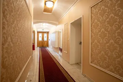 a corridor with a red carpet in a hallway at ZEN APT Prague 1 City Center Modern Studio in Prague
