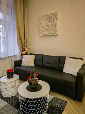 a living room with a black couch and two tables at Rose Essence Suite in Prague