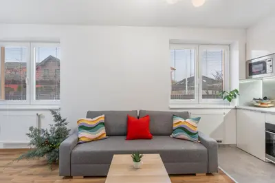 a living room with a gray couch with colorful pillows at The Dante House Šeberov in Prague