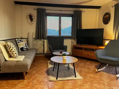 a living room with a couch and a tv at Chata v Kamenném Přívozu in Kamenný Přívoz