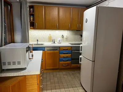 a kitchen with a white refrigerator and wooden cabinets at Chata v Kamenném Přívozu in Kamenný Přívoz