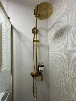 a shower with a shower head in a bathroom at Cozy apartment with a terrace in the center of Prague in Prague