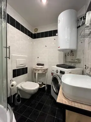 a bathroom with a toilet and a sink and a washing machine at Cozy Prague Navrátilová in Prague