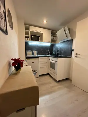 a kitchen with white cabinets and a black wall at Cozy Prague Navrátilová in Prague