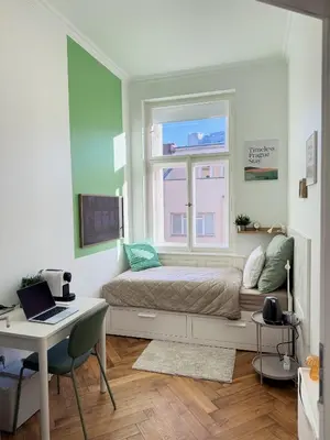 a bedroom with a bed and a desk and a window at Old Town Green Room with private bathroom in Prague