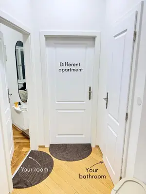 a room with a door with a sign on it at Old Town Green Room with private bathroom in Prague