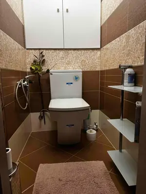 a small bathroom with a toilet and a cabinet at 2-luzkovy pokoj Praha-13 metro HURKA in Prague