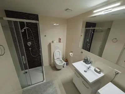 a bathroom with a toilet and a sink and a shower at florenc apartments prague by kalab in Prague